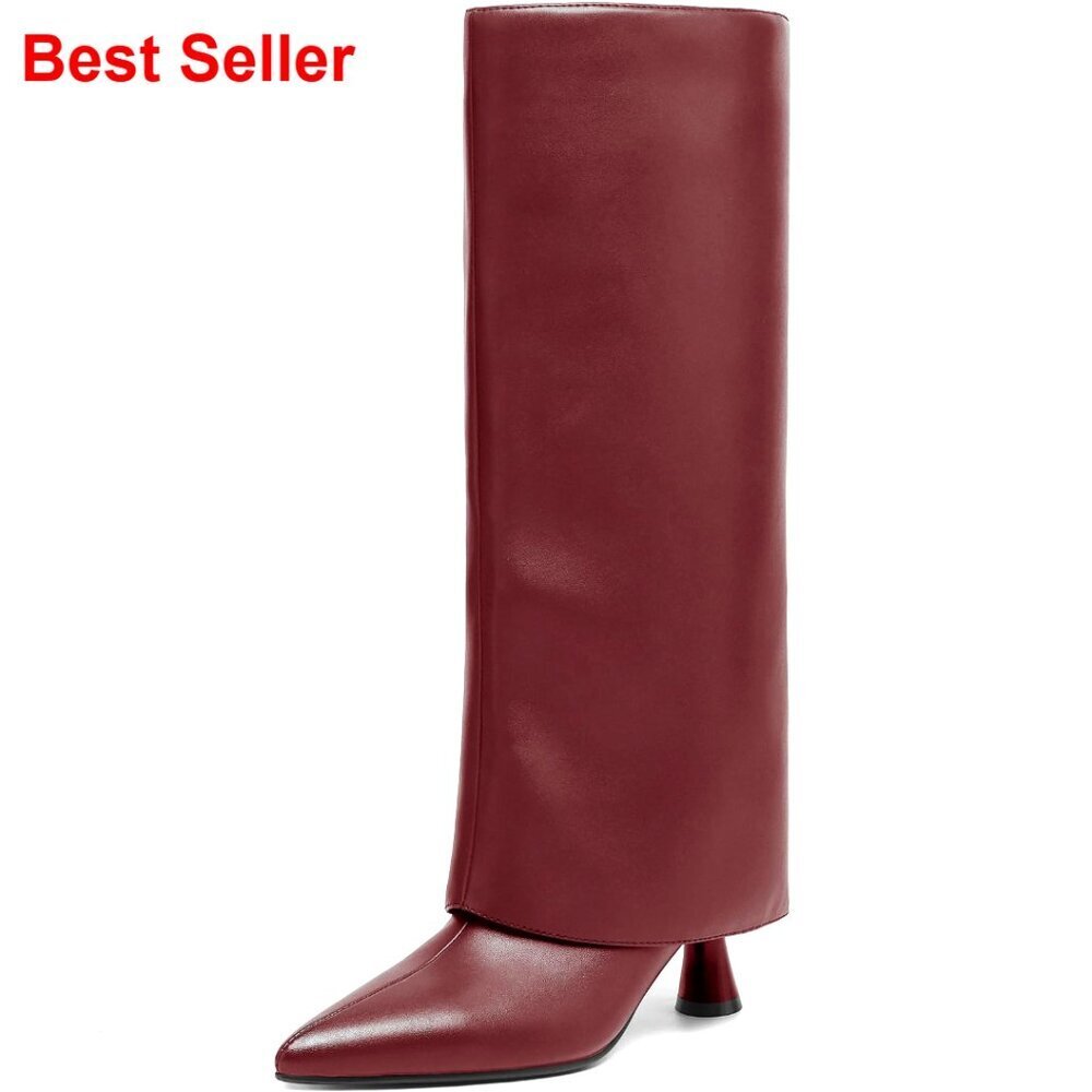 Knee High Fold Over Boots Slouchy Pointed Toe Faux Leather Dress Boots